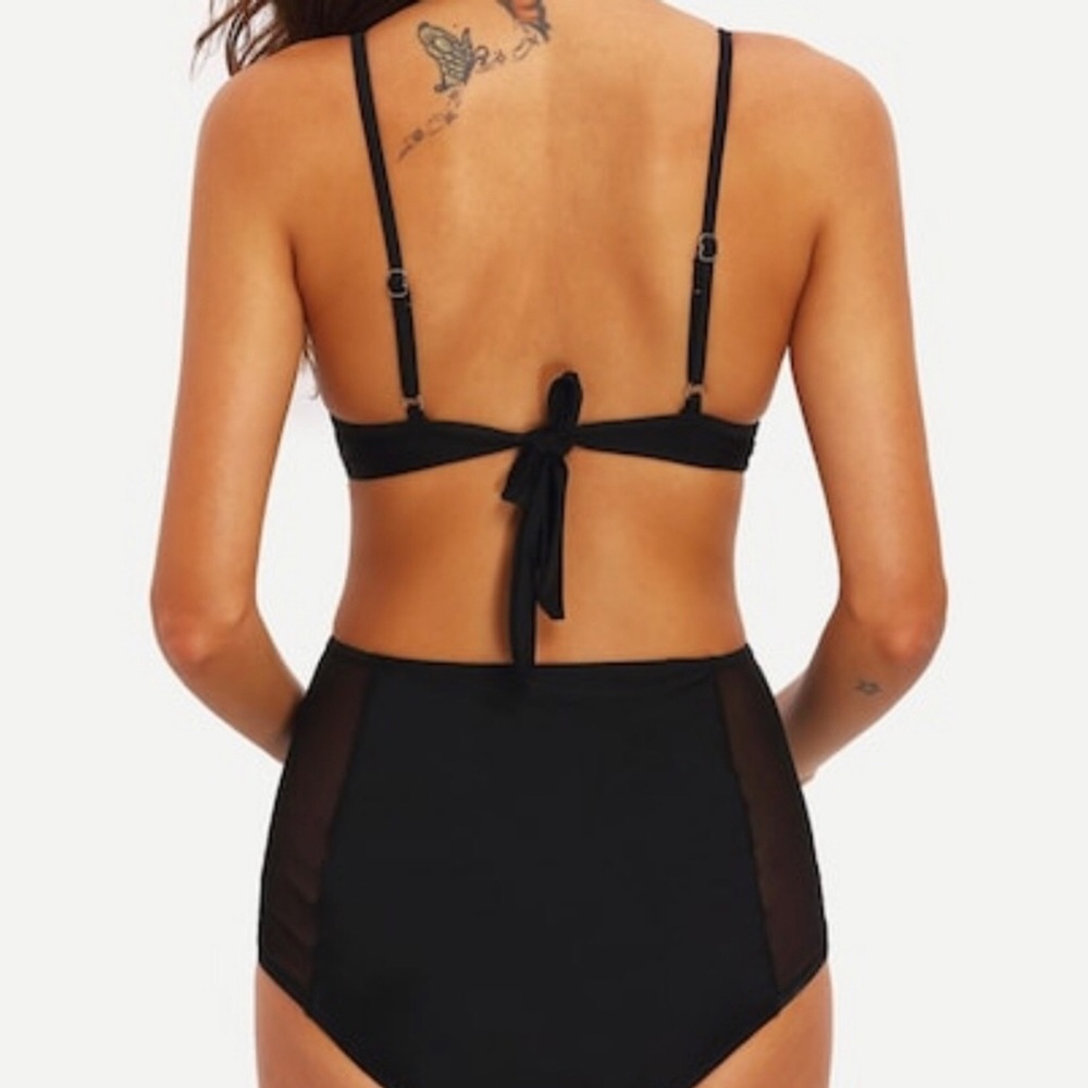 Vintage Inspired Black Mesh Panel High Waist Bikini NWT - Picture 2 of 6